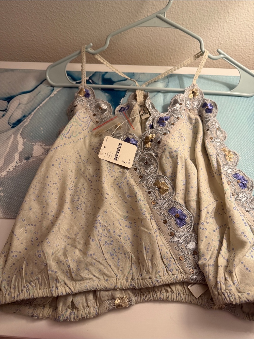 Free People S Embroidered Floral Lace-Trim Cream Camisole - Picture 5 of 5